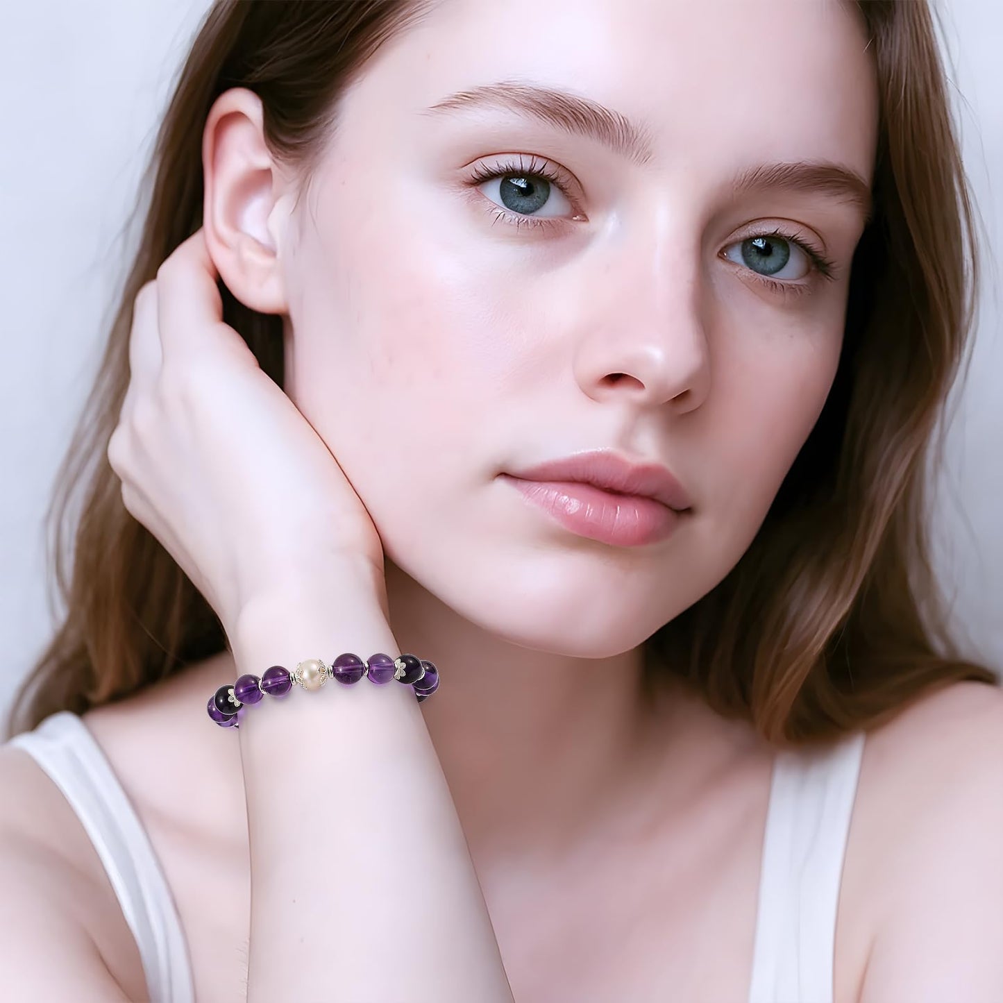 Palaelumen Certified Natural Amethyst Bracelet Gift Set for Women, 8mm Freshwater Pearl & Birthstones in Sterling Silver - Adjustable Beaded Chain Jewelry (Length 8'')