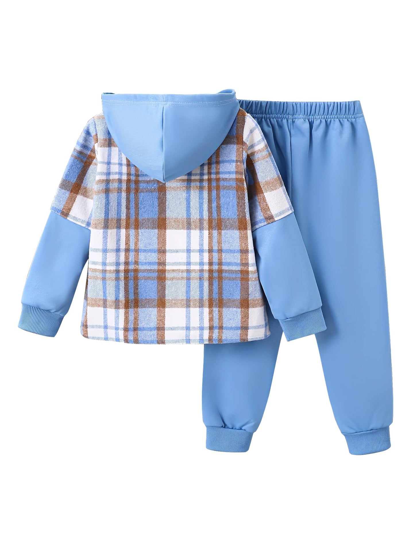 Fdqin Boys Clothing Set 2 Piece Outfits Pants Sets Cute Flannel Plaid Shirt Hoodie Shirt and Casual Sweatpants Blue 5-6Year