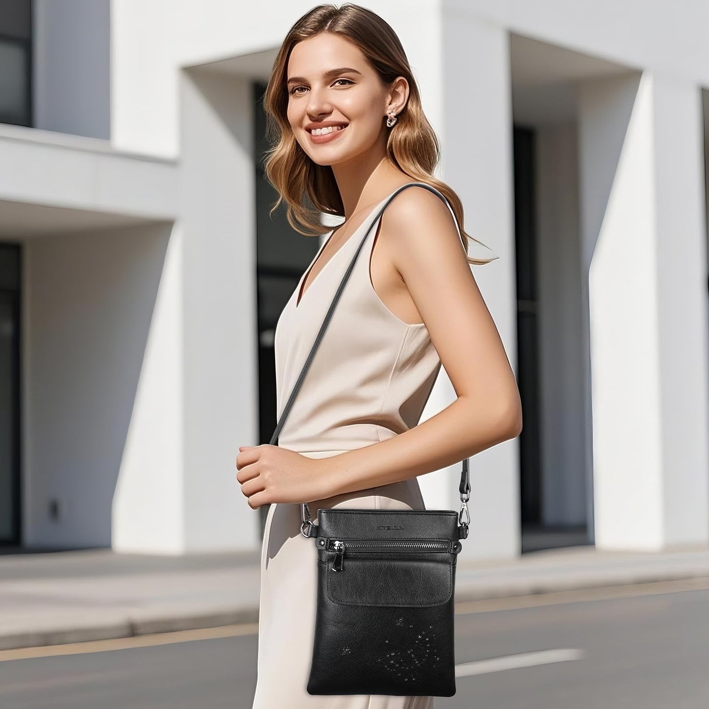 Crossbody Bags for Women Vegan Leather Cross Body Purse with Adjustable Strap Multiple Pockets Shoulder Handbags BLACK