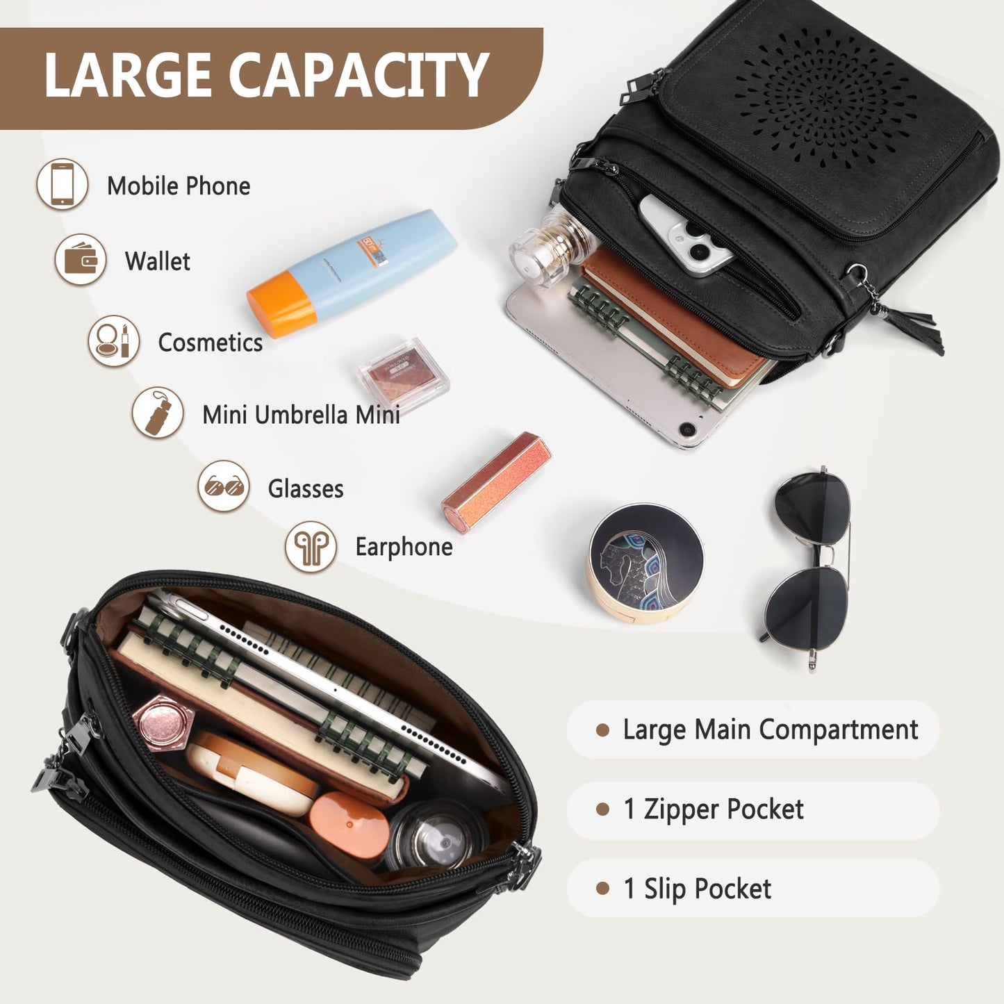 RAINSMORE Crossbody Bags for Women Leather Crossbody Purse Designer Womens Shouler Bags Handbags Trendy Medium Cross Body Purse Travel Work, black