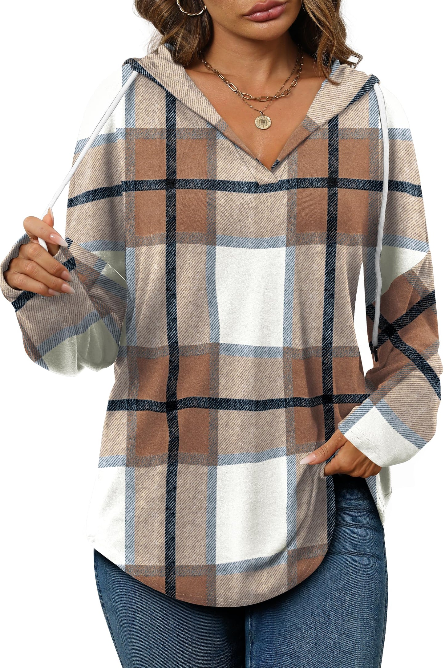 Women's Long Sleeve Sweatshirt Casual Pollover Hoodie Fall Tops Early Fashion Halloween Sweaters 2025 Trending Clothes Shirts L Brown Plaid