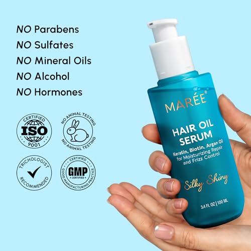MAREE Hair Oil for Frizzy Hair with Argan Oil, Keratin & Biotin – Hair Serum for Dry and Curly Hair Gloss – Frizz Control Hair Care Products for Women – Aceite Para el Cabello – Keratin Hair Treatment