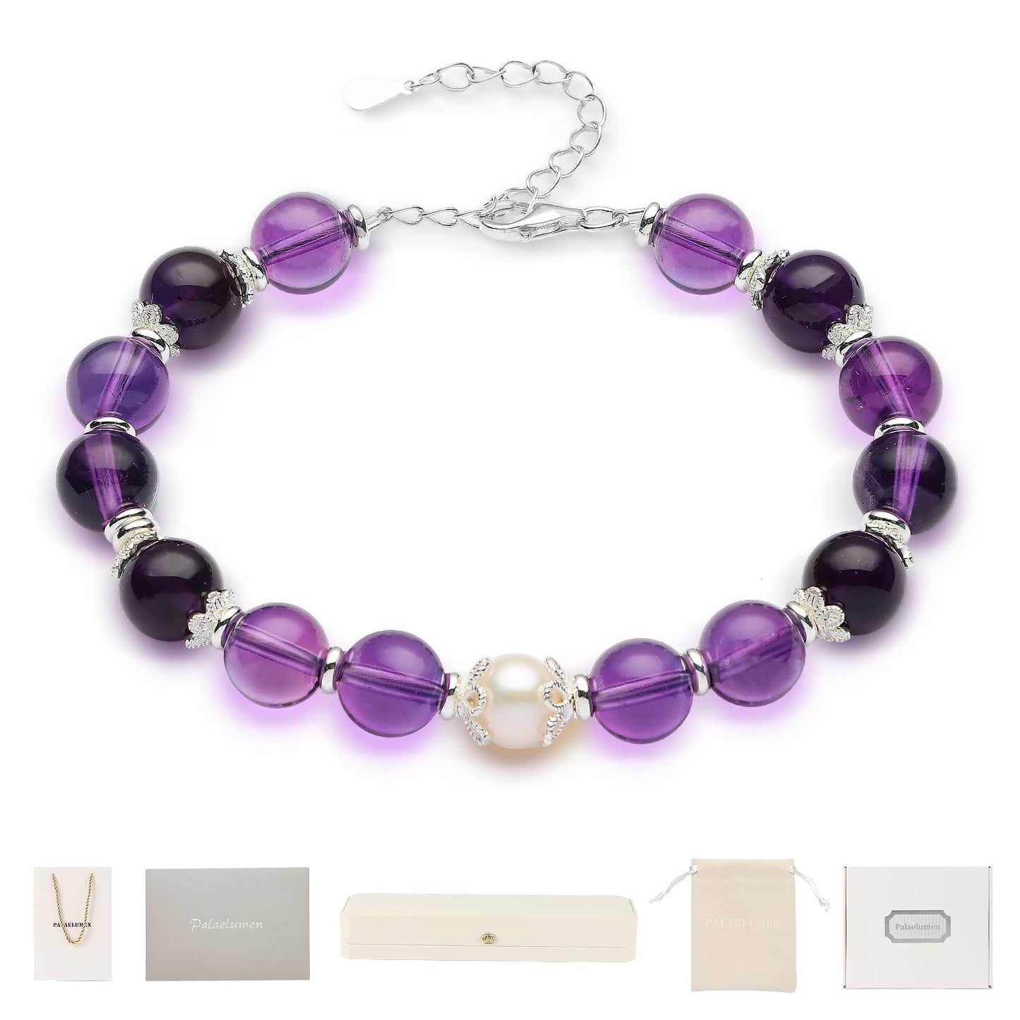 Palaelumen Certified Natural Amethyst Bracelet Gift Set for Women, 8mm Freshwater Pearl & Birthstones in Sterling Silver - Adjustable Beaded Chain Jewelry (Length 8'')