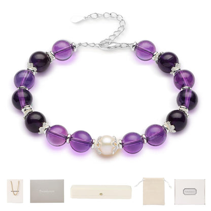 Palaelumen Certified Natural Amethyst Bracelet Gift Set for Women, 8mm Freshwater Pearl & Birthstones in Sterling Silver - Adjustable Beaded Chain Jewelry (Length 8'')