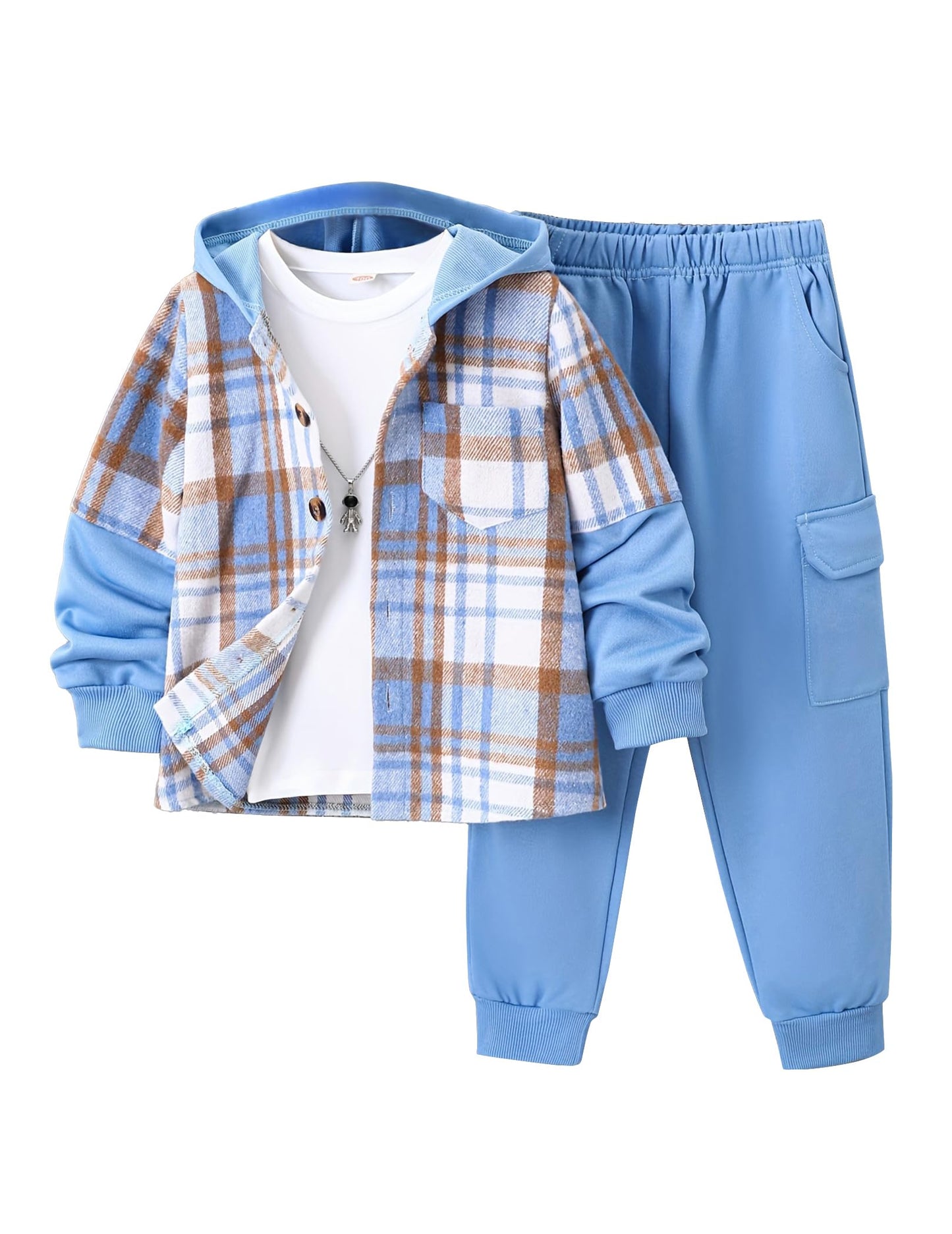 Fdqin Boys Clothing Set 2 Piece Outfits Pants Sets Cute Flannel Plaid Shirt Hoodie Shirt and Casual Sweatpants Blue 5-6Year