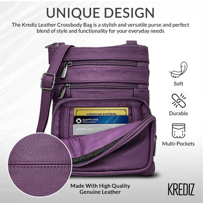 Krediz Leather Crossbody purses for Women - travel bag with 4 Zippers, Soft & Durable Purses for Women Trendy
