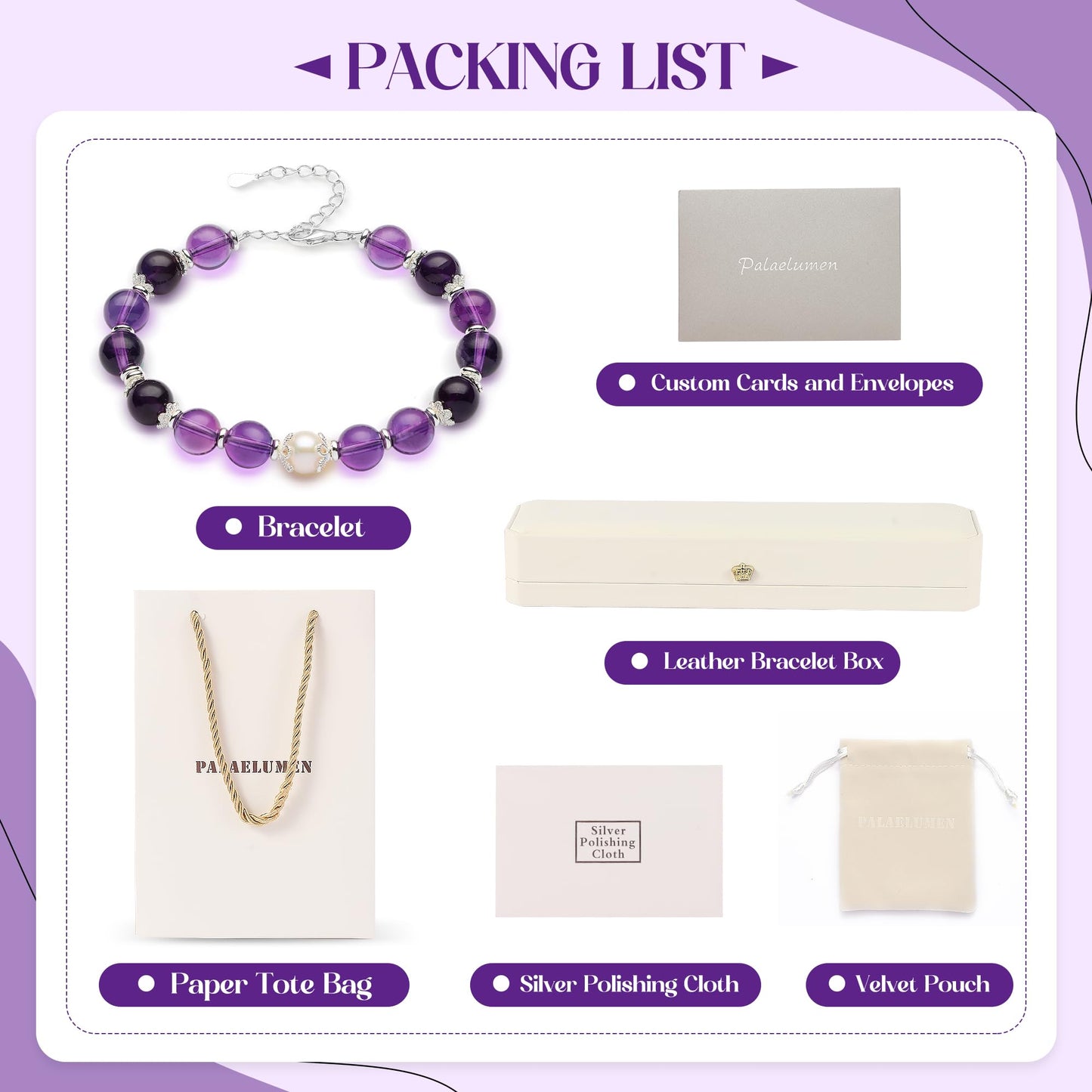 Palaelumen Certified Natural Amethyst Bracelet Gift Set for Women, 8mm Freshwater Pearl & Birthstones in Sterling Silver - Adjustable Beaded Chain Jewelry (Length 8'')