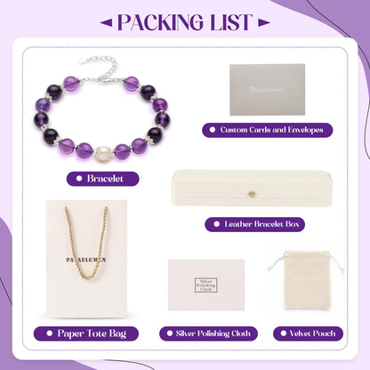 Palaelumen Certified Natural Amethyst Bracelet Gift Set for Women, 8mm Freshwater Pearl & Birthstones in Sterling Silver - Adjustable Beaded Chain Jewelry (Length 8'')
