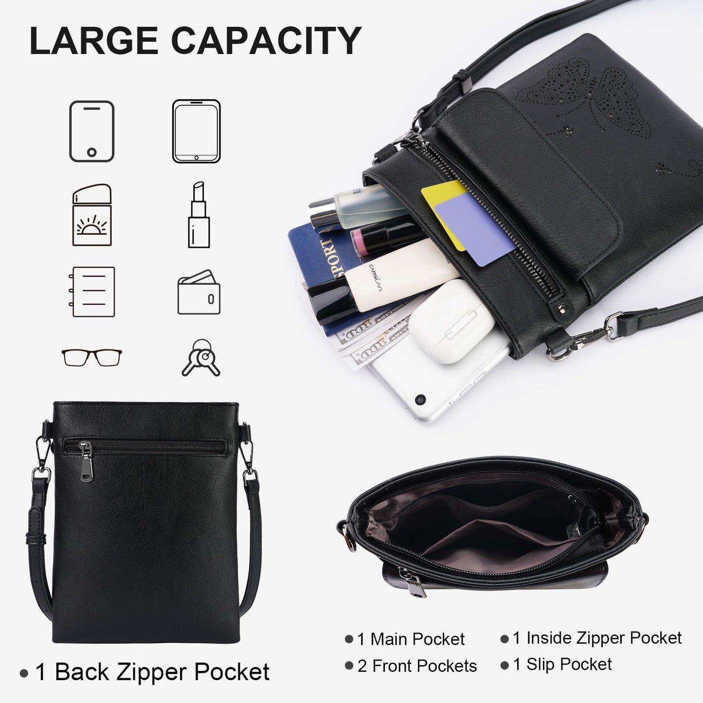 Crossbody Bags for Women Vegan Leather Cross Body Purse with Adjustable Strap Multiple Pockets Shoulder Handbags BLACK