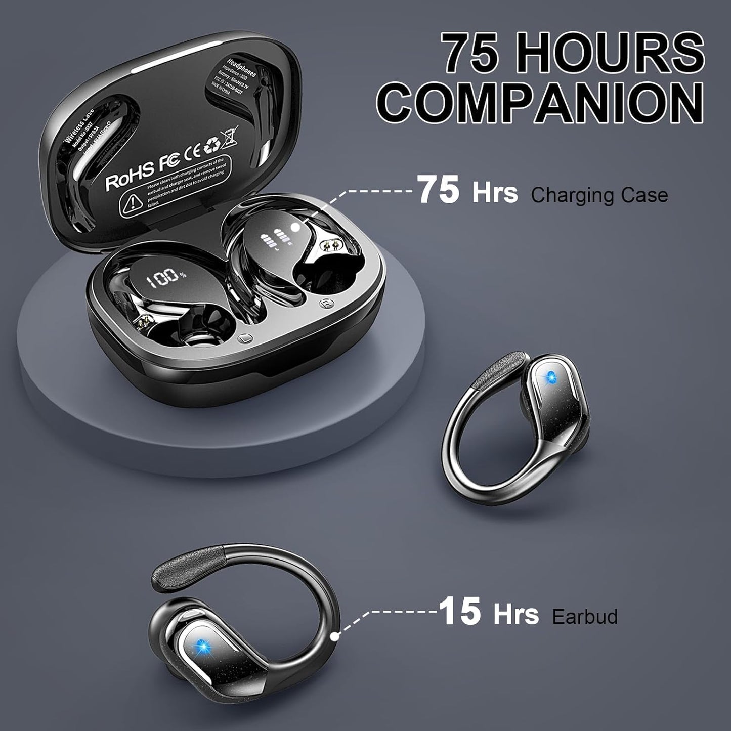 Wireless Earbuds Sport Bluetooth Headphones 5.4, 2025 Bluetooth Earbuds 75Hrs Stereo, 4 HD Mic, Over-Ear Buds with Earhooks ENC Noise Canceling Earphones, IP7 Waterproof Headset for Workout/Running