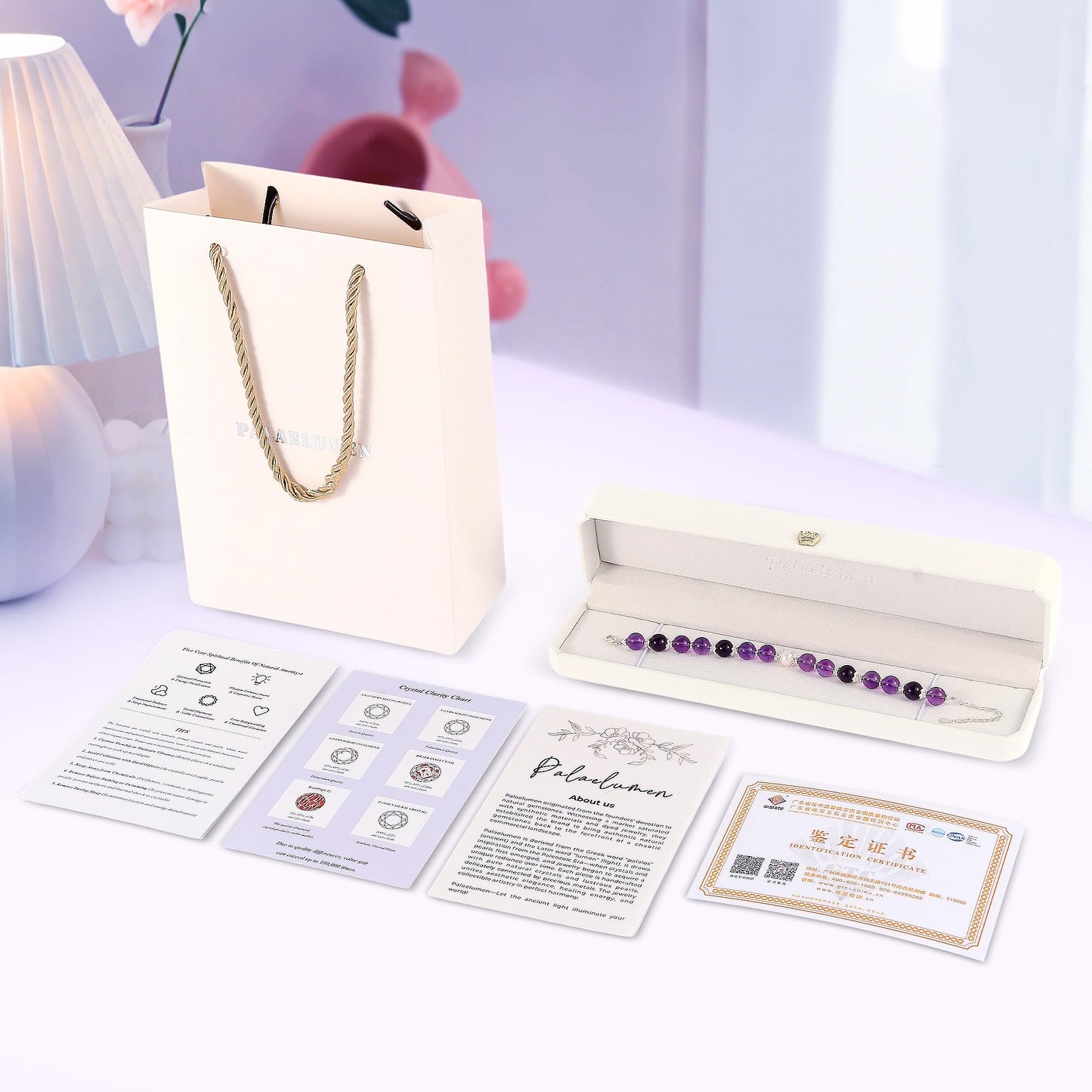 Palaelumen Certified Natural Amethyst Bracelet Gift Set for Women, 8mm Freshwater Pearl & Birthstones in Sterling Silver - Adjustable Beaded Chain Jewelry (Length 8'')