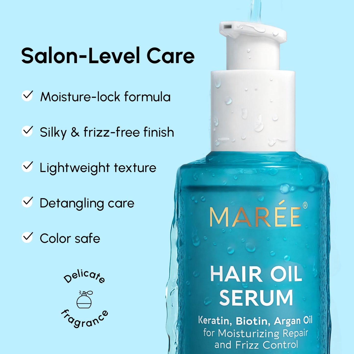 MAREE Hair Oil for Frizzy Hair with Argan Oil, Keratin & Biotin – Hair Serum for Dry and Curly Hair Gloss – Frizz Control Hair Care Products for Women – Aceite Para el Cabello – Keratin Hair Treatment