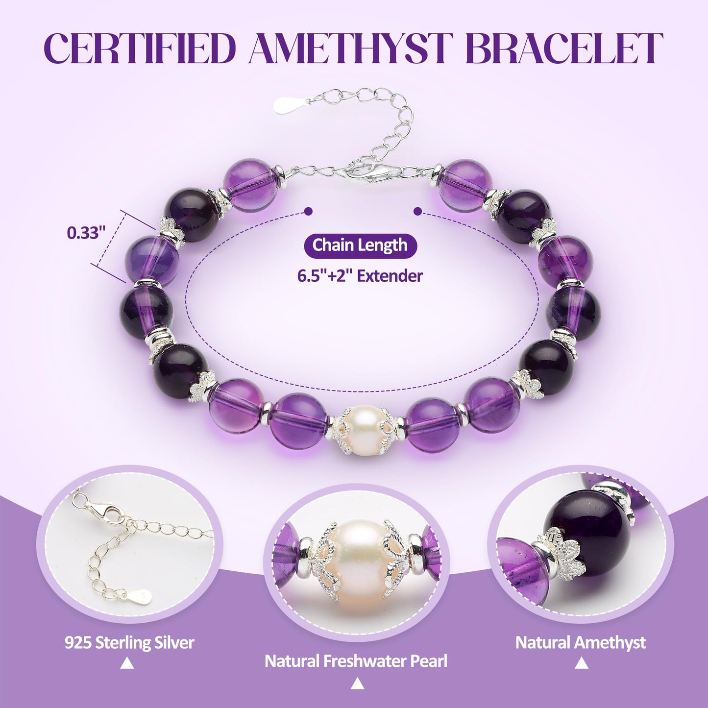 Palaelumen Certified Natural Amethyst Bracelet Gift Set for Women, 8mm Freshwater Pearl & Birthstones in Sterling Silver - Adjustable Beaded Chain Jewelry (Length 8'')