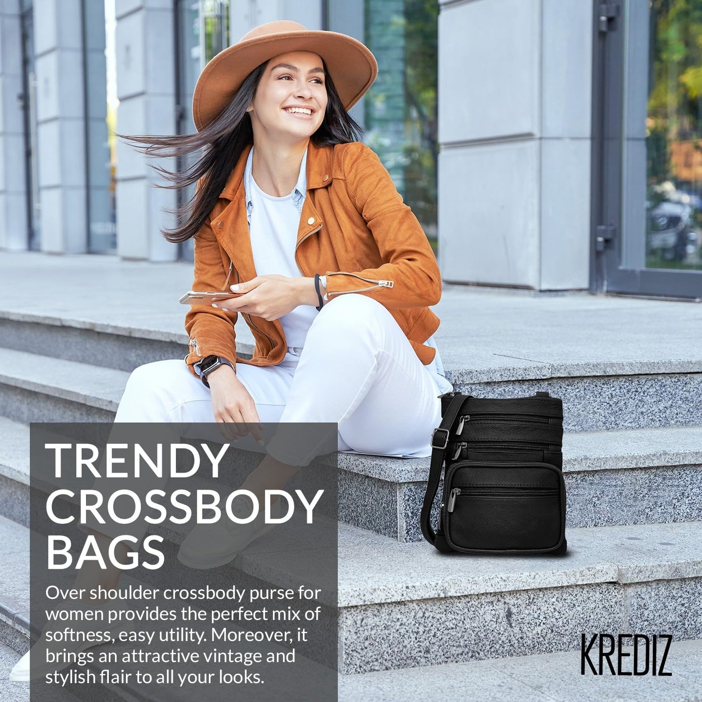 Krediz Leather Crossbody purses for Women - travel bag with 4 Zippers, Soft & Durable Purses for Women Trendy