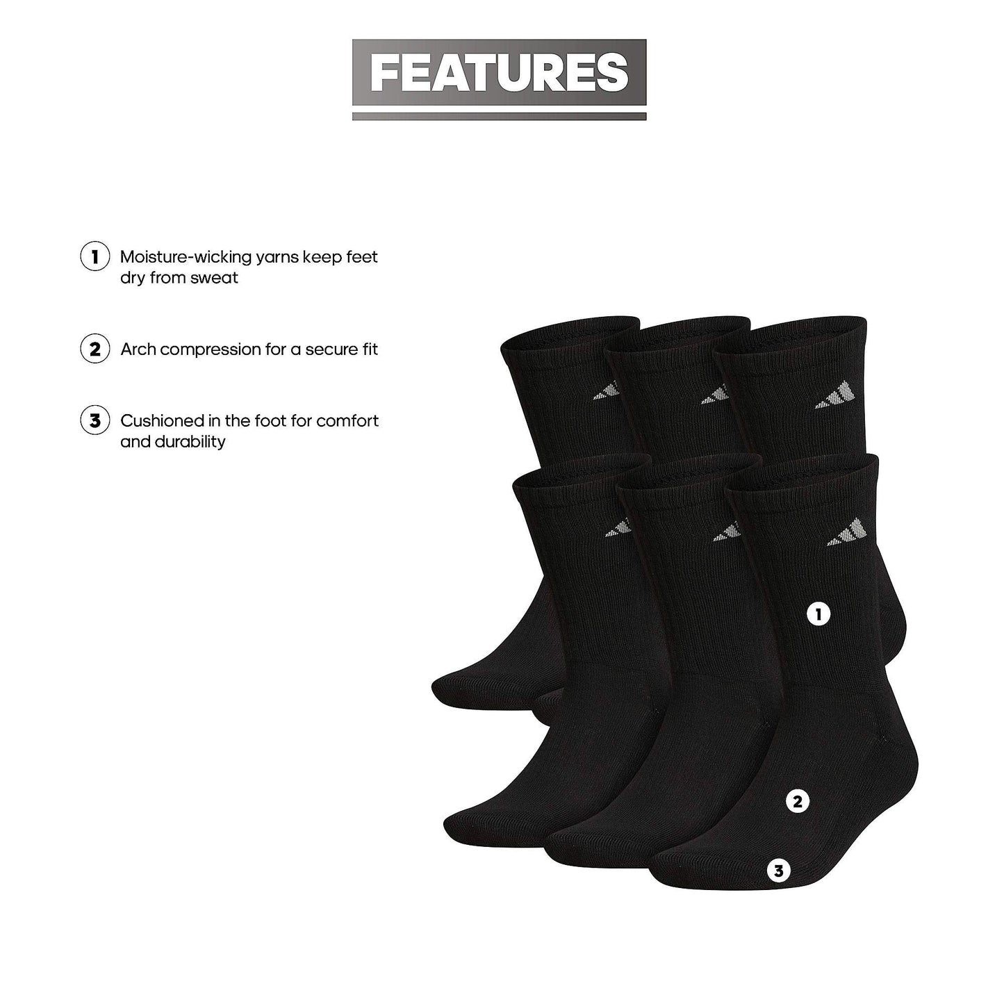 adidas Men's Athletic Cushioned 6-Pack Crew, Cushioned Crew Socks with Arch Compression for a Secure Fit