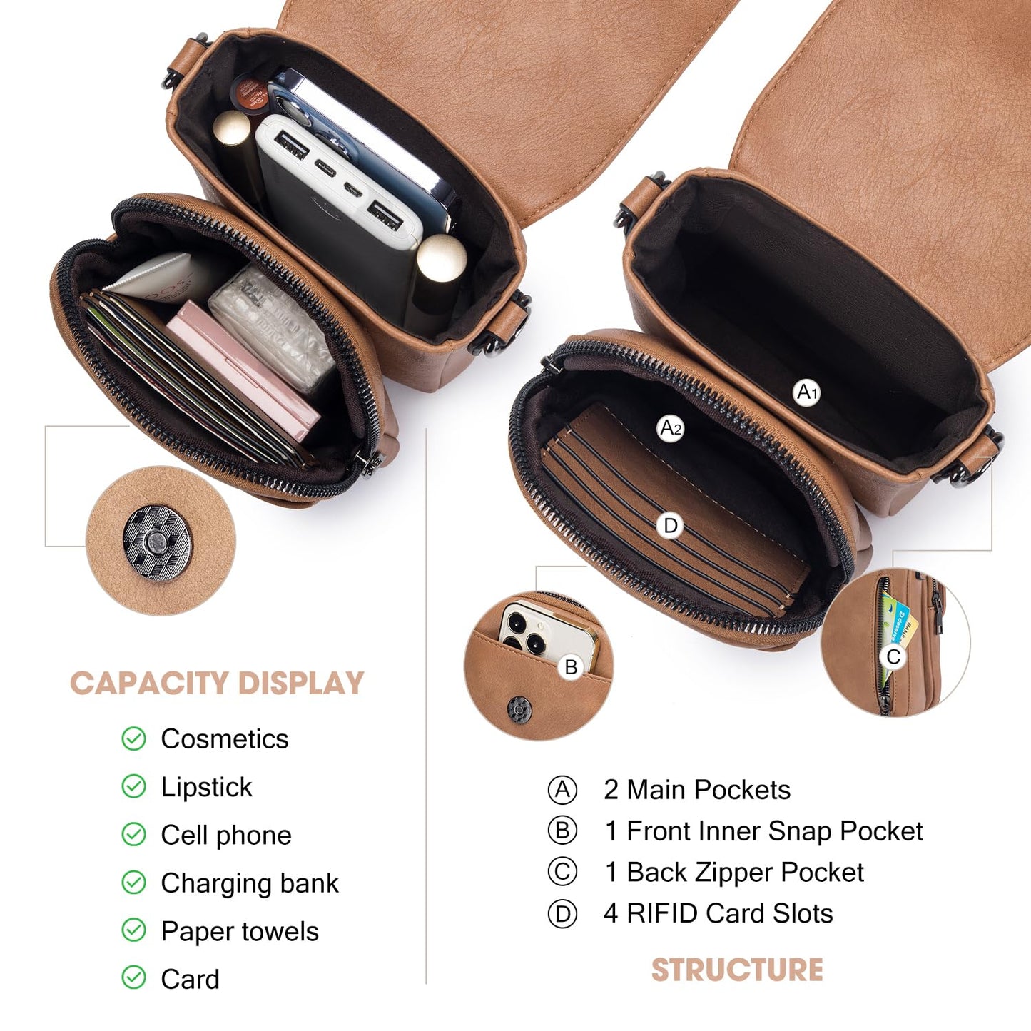 POIUGOYA Small Crossbody Bags for Women Trendy,Leather Triple Compartment Cell Phone Crossbody Wallet Purses with Card Slots