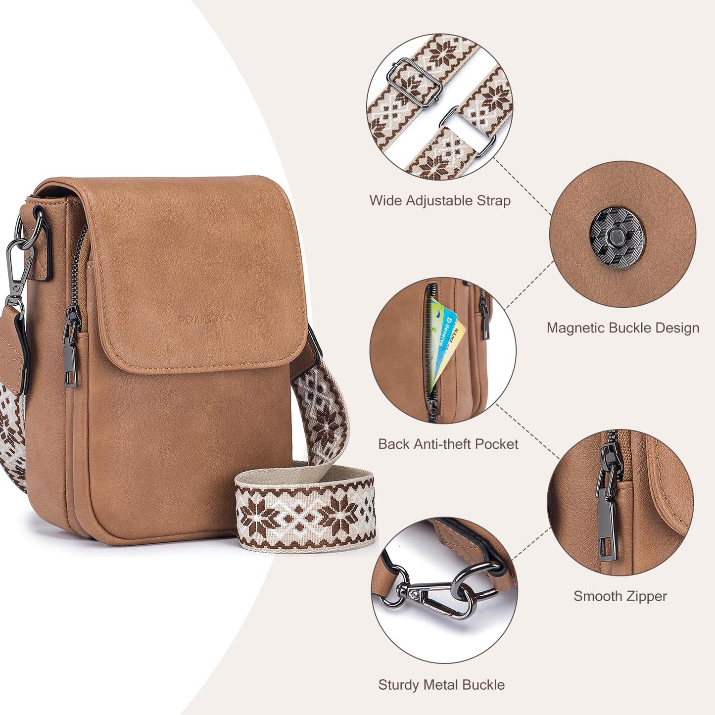 POIUGOYA Small Crossbody Bags for Women Trendy,Leather Triple Compartment Cell Phone Crossbody Wallet Purses with Card Slots