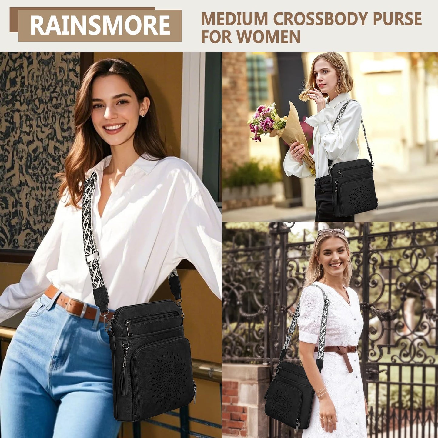 RAINSMORE Crossbody Bags for Women Leather Crossbody Purse Designer Womens Shouler Bags Handbags Trendy Medium Cross Body Purse Travel Work, black