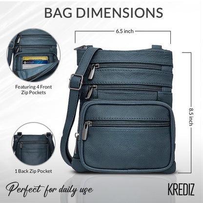 Krediz Leather Crossbody purses for Women - travel bag with 4 Zippers, Soft & Durable Purses for Women Trendy