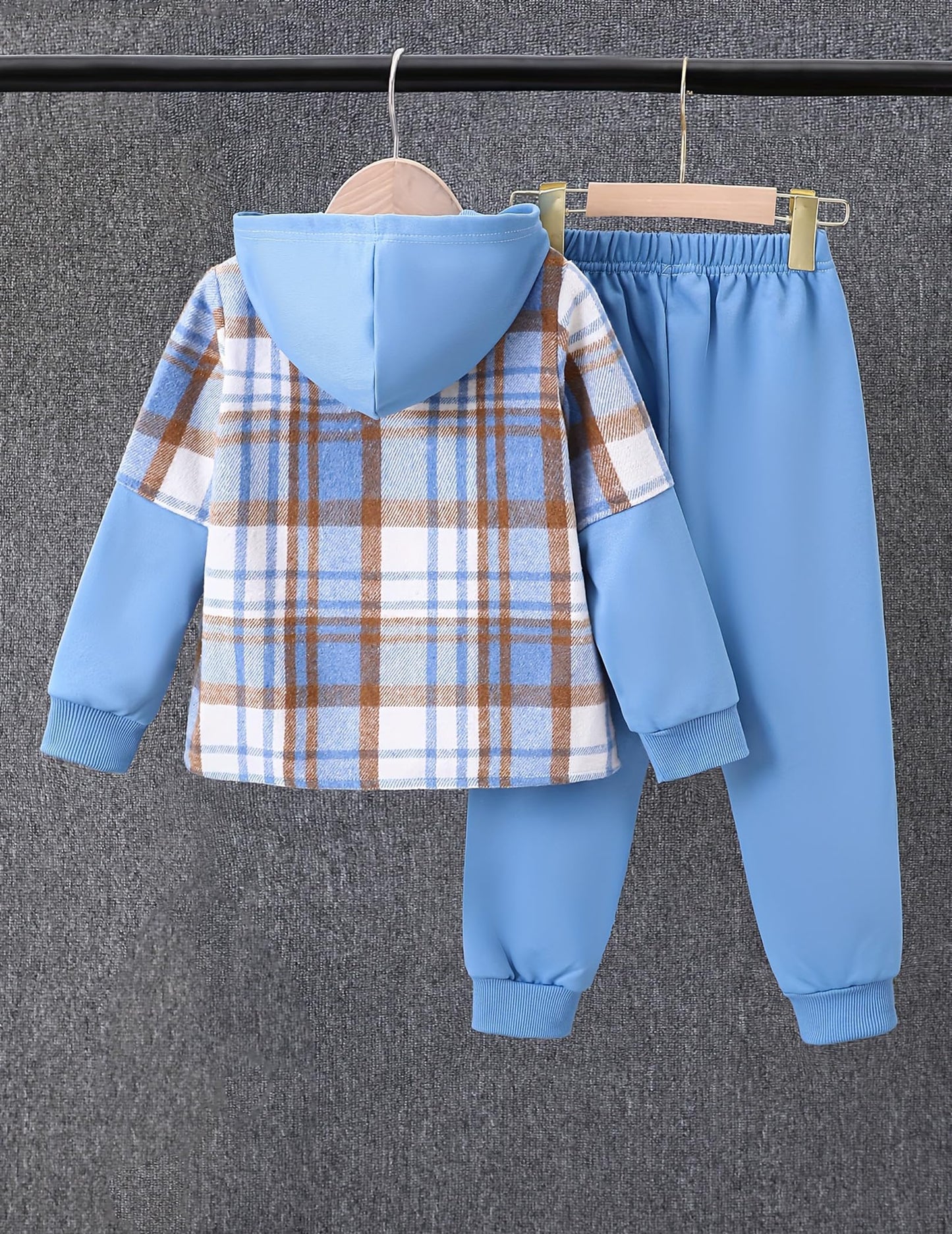 Fdqin Boys Clothing Set 2 Piece Outfits Pants Sets Cute Flannel Plaid Shirt Hoodie Shirt and Casual Sweatpants Blue 5-6Year