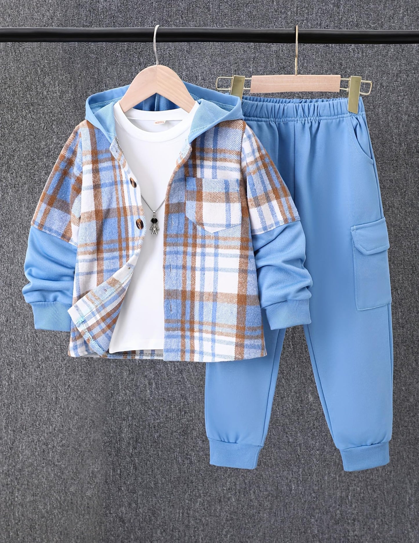 Fdqin Boys Clothing Set 2 Piece Outfits Pants Sets Cute Flannel Plaid Shirt Hoodie Shirt and Casual Sweatpants Blue 5-6Year