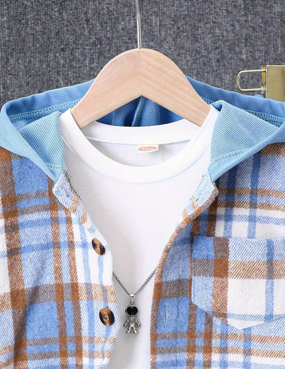 Fdqin Boys Clothing Set 2 Piece Outfits Pants Sets Cute Flannel Plaid Shirt Hoodie Shirt and Casual Sweatpants Blue 5-6Year